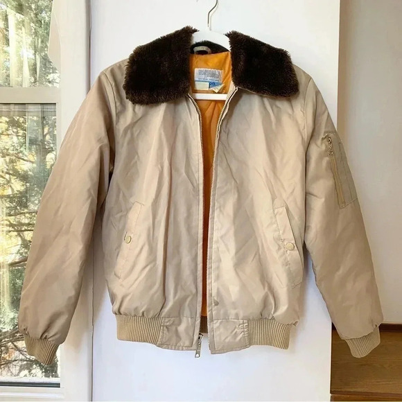 Vintage Sears Bomber Jacket Coat Work Lesirue Fur Collar Tan Brown Oversized - Picture 9 of 13